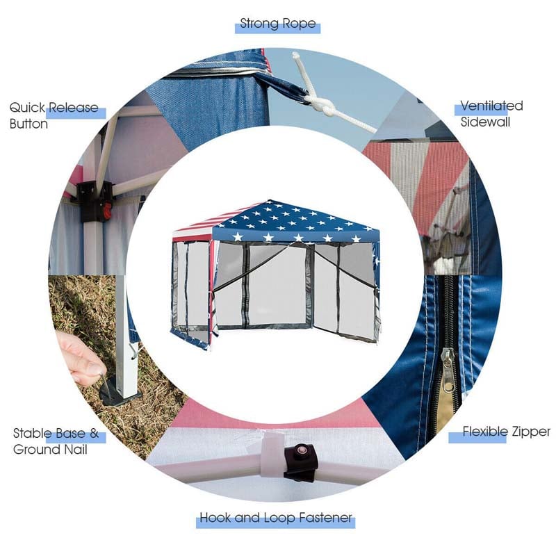 10x10 ft Pop-Up Canopy Tent Outdoor Canopy Tent Waterproof Screen House Room Tent with Carry Bag and Netting for Camping, Backyard, Wedding, American Flag Printing