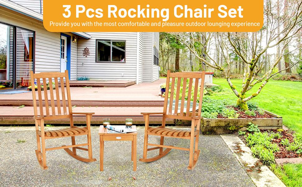Eletriclife 3 Pieces Eucalyptus Rocking Chair Set with Coffee Table