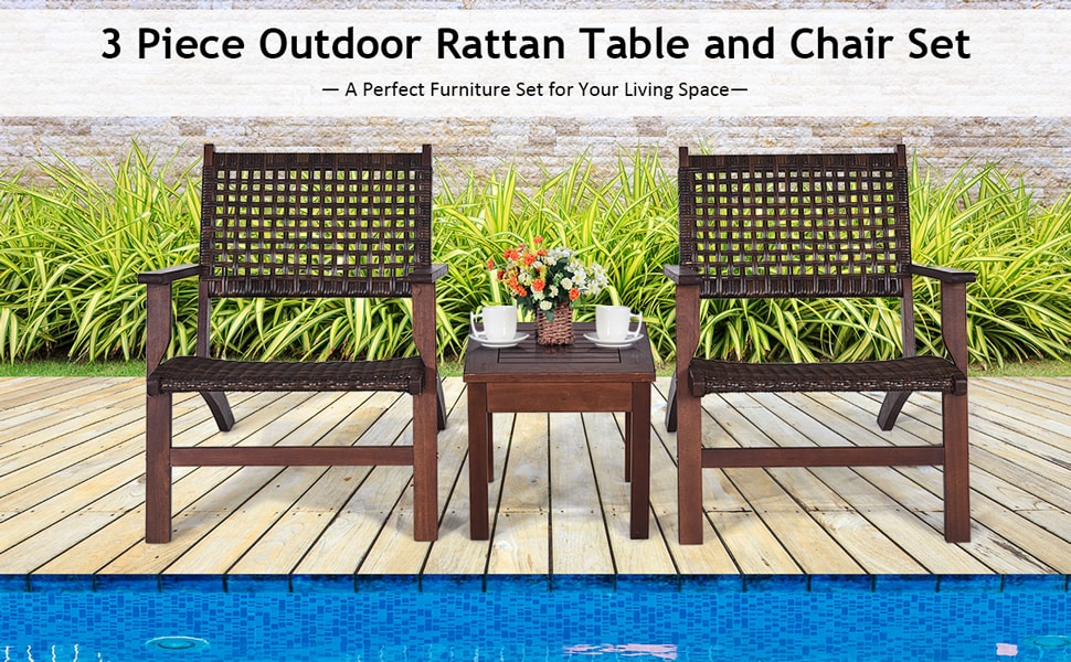 Eletriclife 3 Pieces Outdoor Wooden Patio Rattan Furniture Set