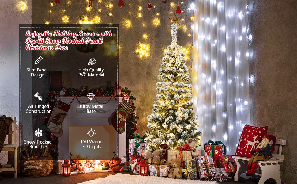 4.5ft Pre-lit Snow Flocked Artificial Pencil Christmas Tree with 150 LED Lights and Metal Stand