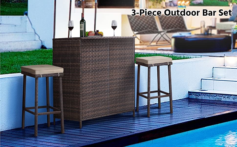 3 Pieces Outdoor Patio Rattan Wicker Bar Set with Stools & Table