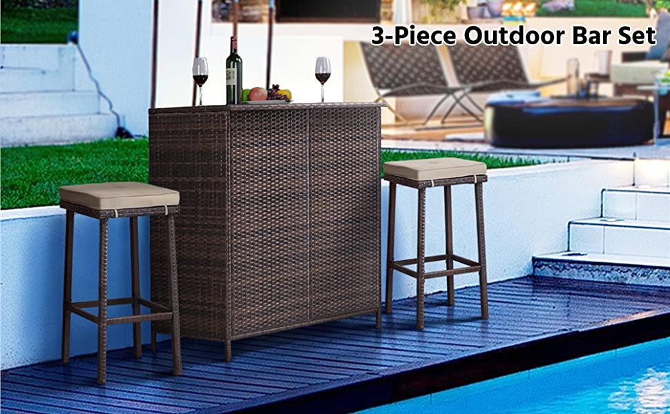 3 Pieces Outdoor Patio Rattan Wicker Bar Set with Stools & Table