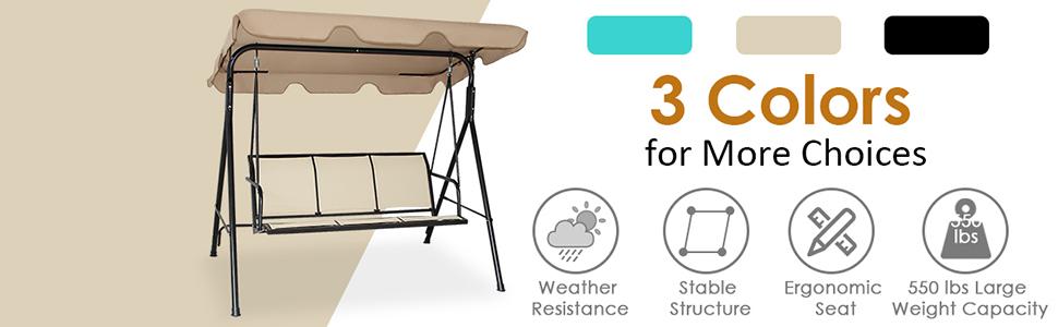 Eletriclife 3 Person Steel Frame Patio Swing with Adjustable Canopy