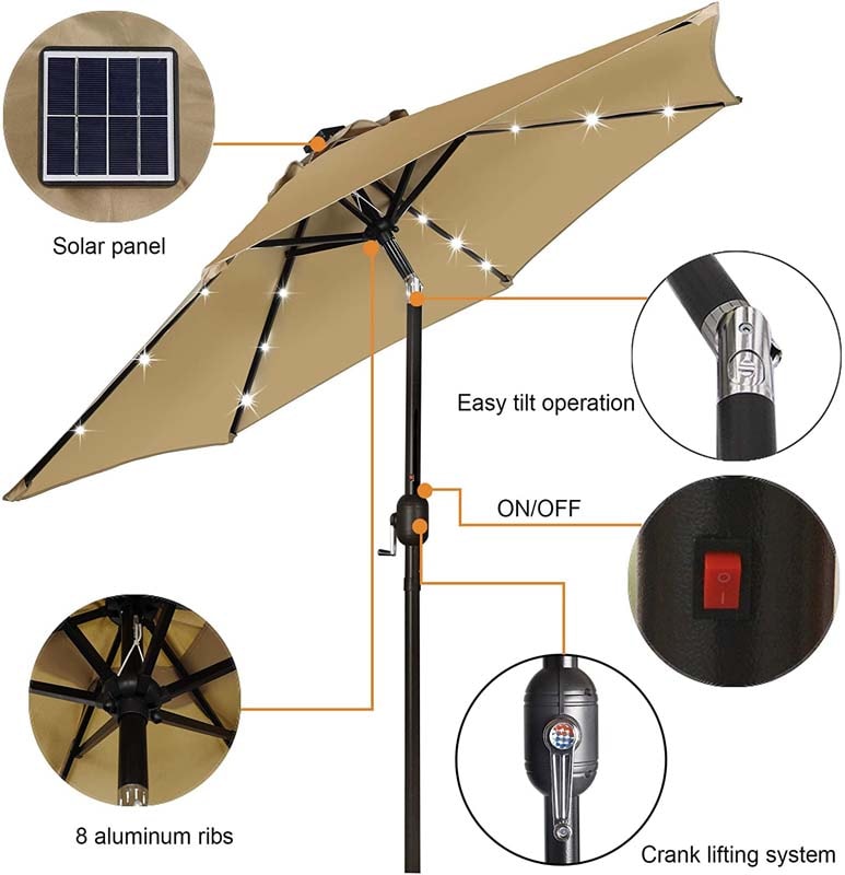 Eletriclife 10 Feet Patio Solar Umbrella with Crank and LED Lights