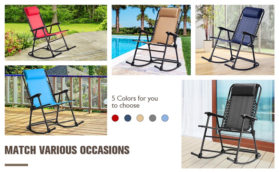 Outdoor Folding Rocking Chair Zero Gravity Patio Portable Recliner With Headrest for Camping Fishing Beach