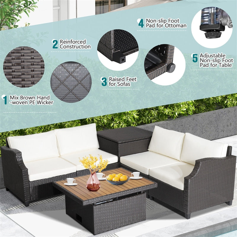 7 Piece Outdoor Hand-Woven PE Wicker Furniture Set Patio Conversation Set Sectional Sofa with Acacia Coffee Table & Storage Box