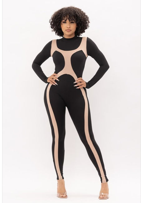 KATELYN BLACK/TAUPE MOCK NECK CATSUIT