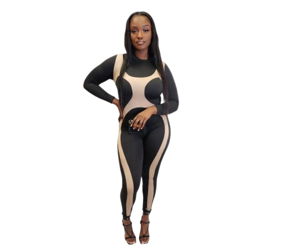 KATELYN BLACK/TAUPE MOCK NECK CATSUIT