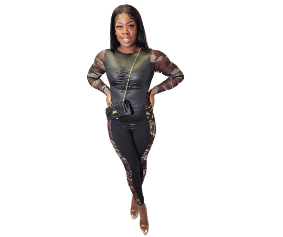 MEGAN FAUX LEATHER JUMPSUIT- BLACK/CAMO