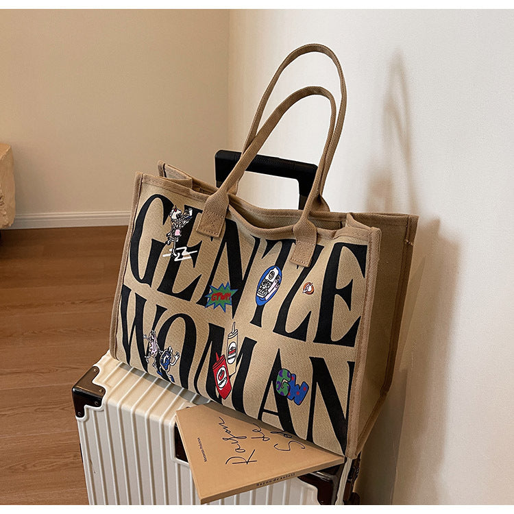 Vintage Letter Print Tote Bag Large Capacity Shoulder Bag All Match Handbag & Shopping Bag