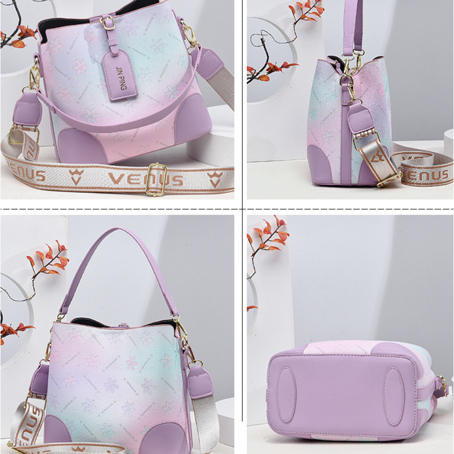 Gradient Color Floral Print Shoulder Bag Zipper Adjustable Wide Strap Crossbody Bag Casual Bucket Bag