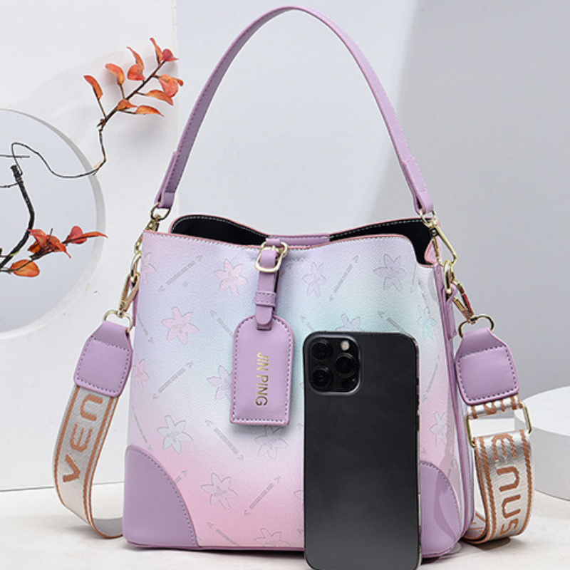 Gradient Color Floral Print Shoulder Bag Zipper Adjustable Wide Strap Crossbody Bag Casual Bucket Bag