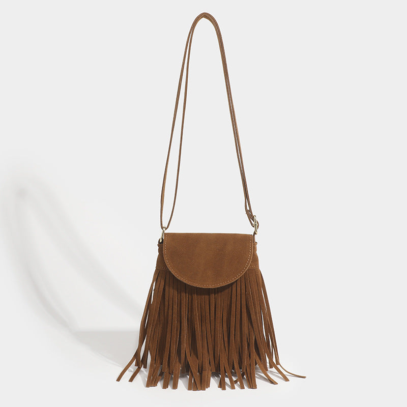 Retro Fringed Flap Crossbody Bag Boho Style Suede Tassel Shoulder Bag Small Purse Bag