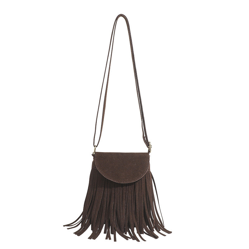 Retro Fringed Flap Crossbody Bag Boho Style Suede Tassel Shoulder Bag Small Purse Bag