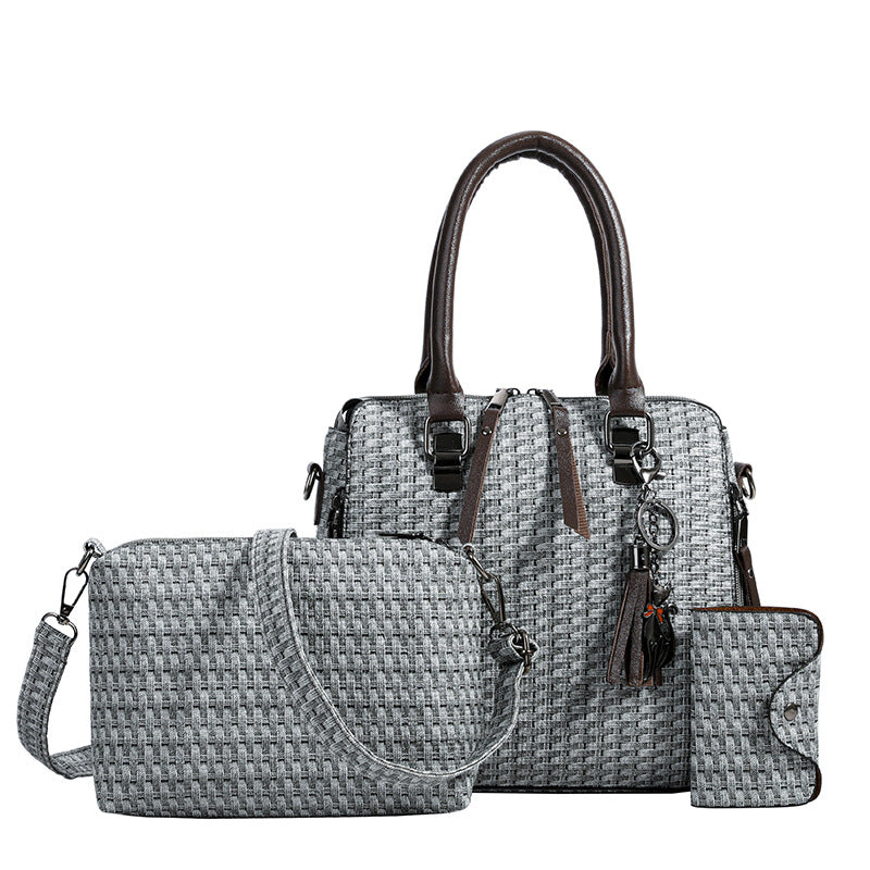3pcs Retro Texture Tote Bag Set Woven Handbag With Crossbody Shoulder Bag & Clutch Card Case