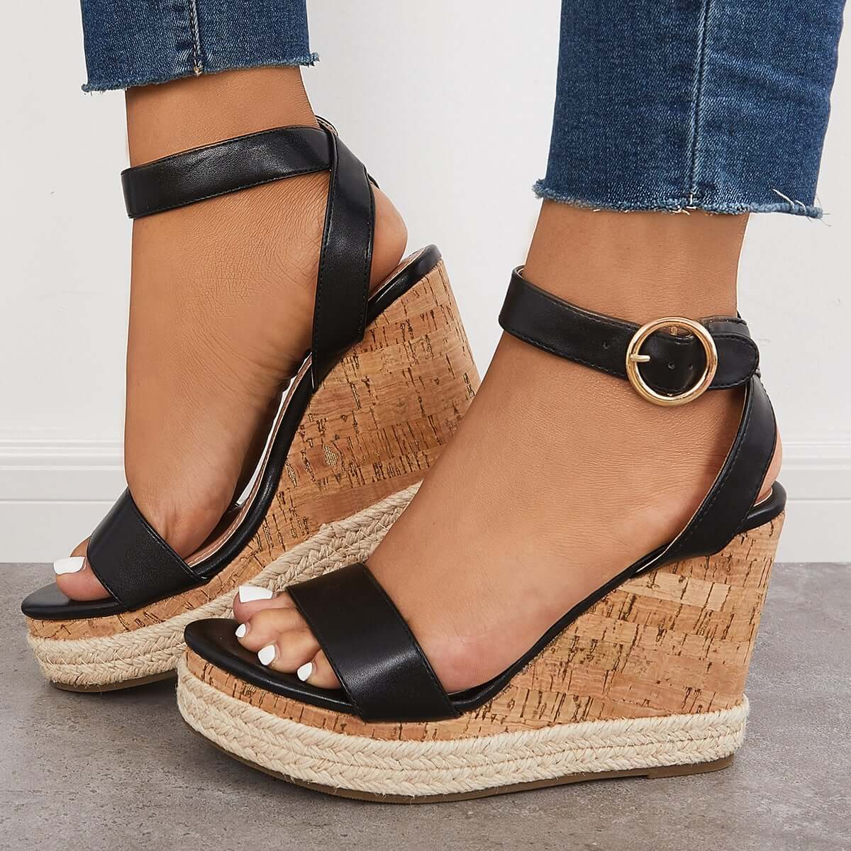 Open Toe Platform Cork Heels Wedge Ankle Strap Espadrille Sandals