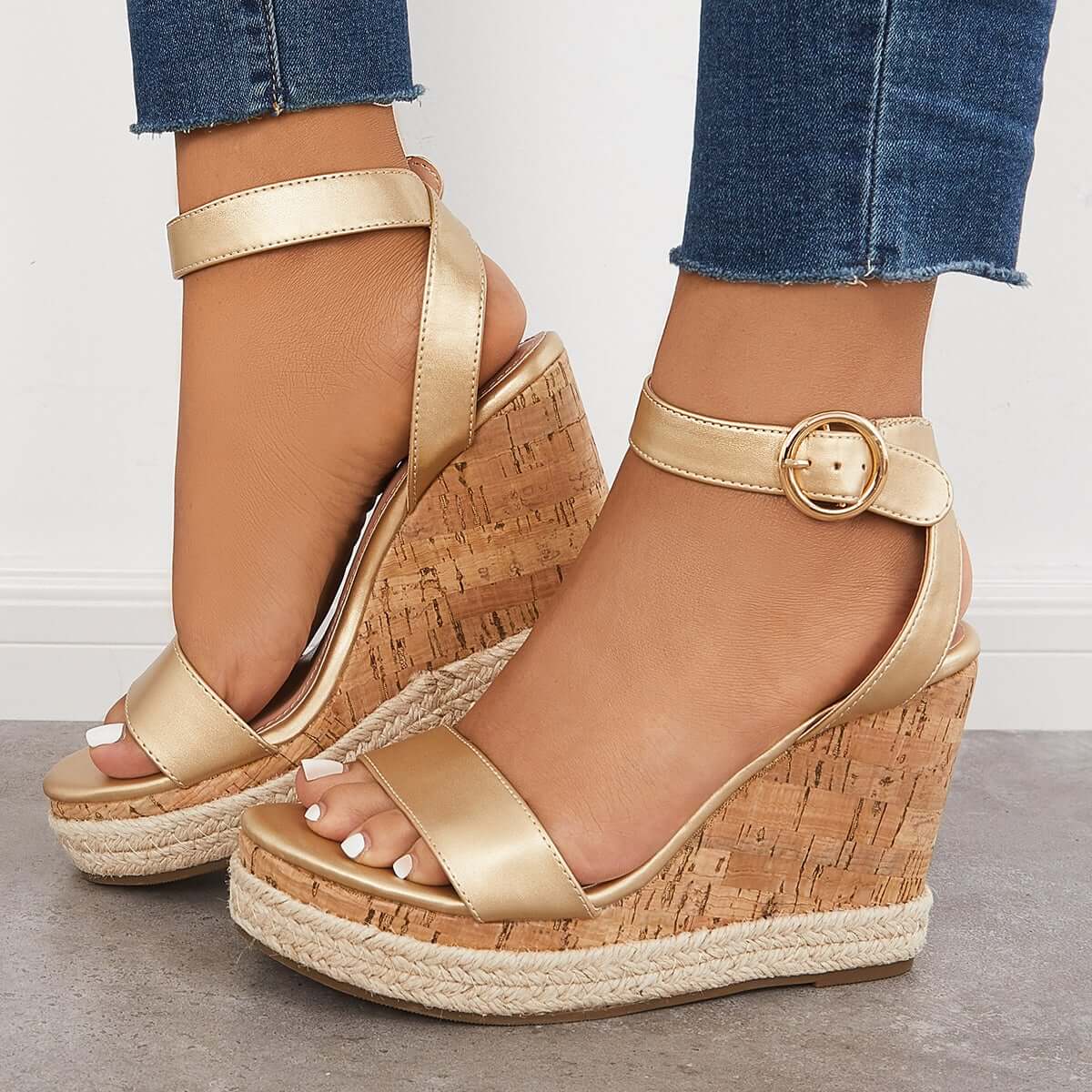 Open Toe Platform Cork Heels Wedge Ankle Strap Espadrille Sandals