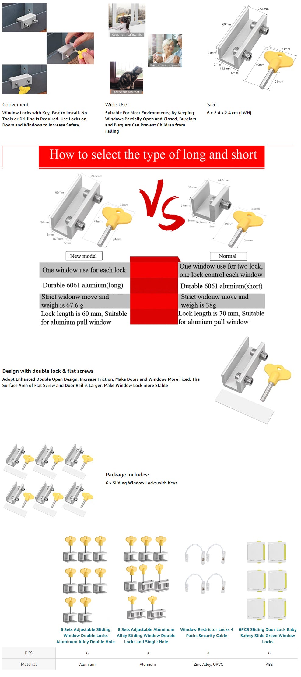 Kamtop 6 Sets Adjustable Sliding Window Double Locks