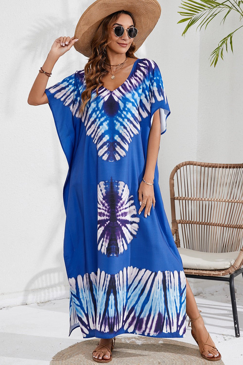 V-Neck Short Sleeve Sheer Cover Up with Printed Slits