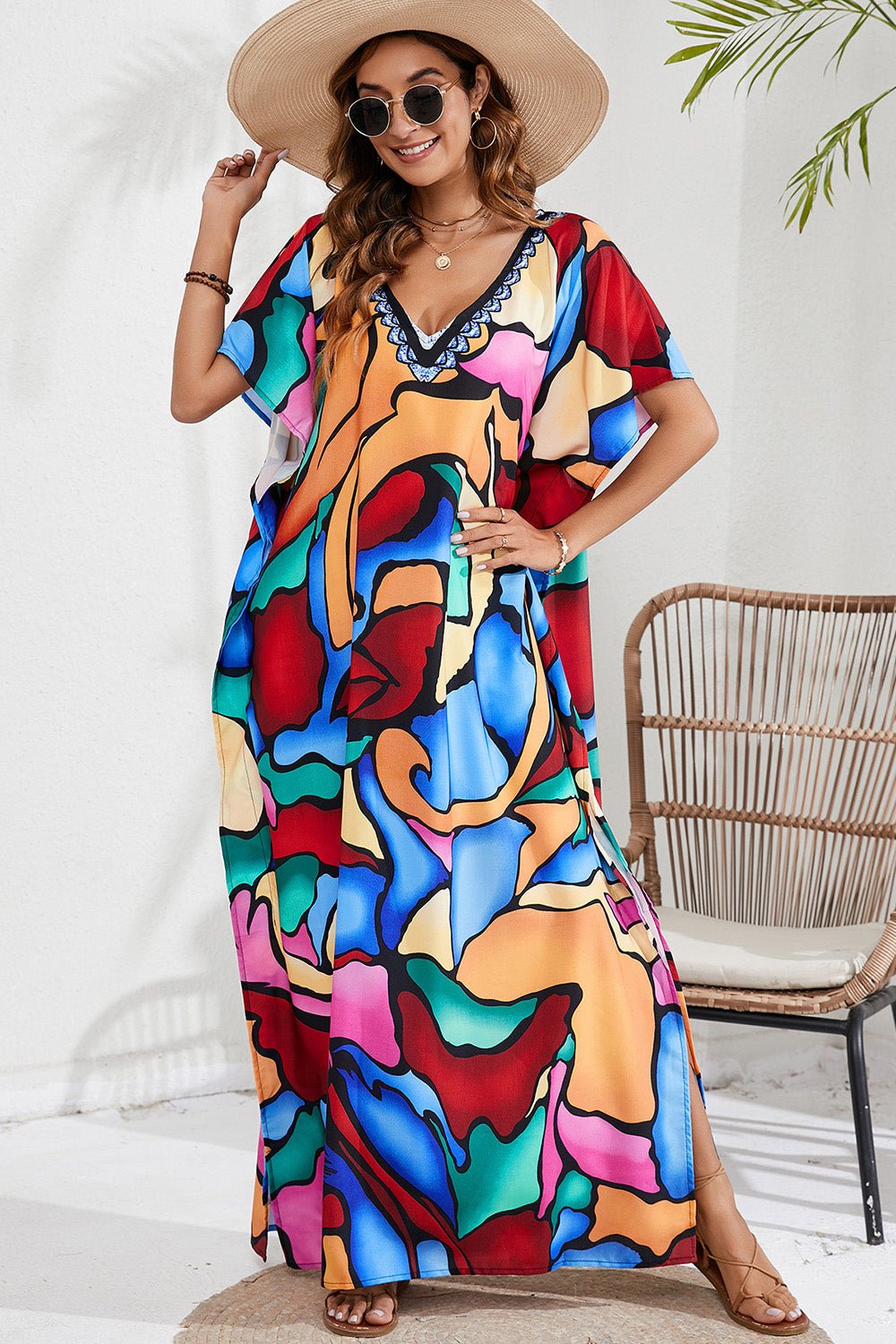 V-Neck Short Sleeve Sheer Cover Up with Printed Slits