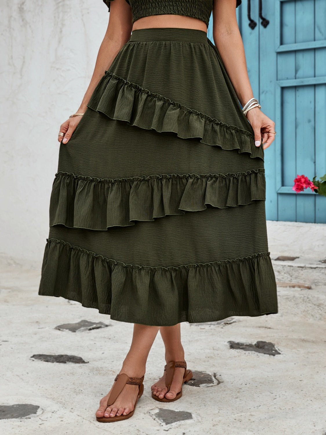 Ruffled Elastic Waist Midi Skirt with Sheer Ruffles
