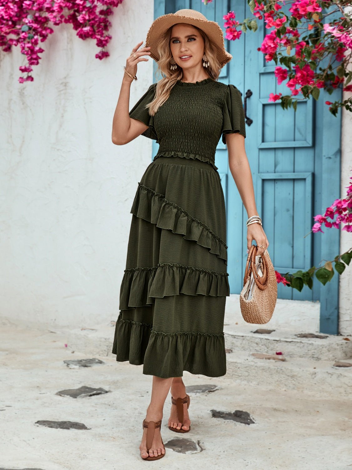 Ruffled Elastic Waist Midi Skirt with Sheer Ruffles