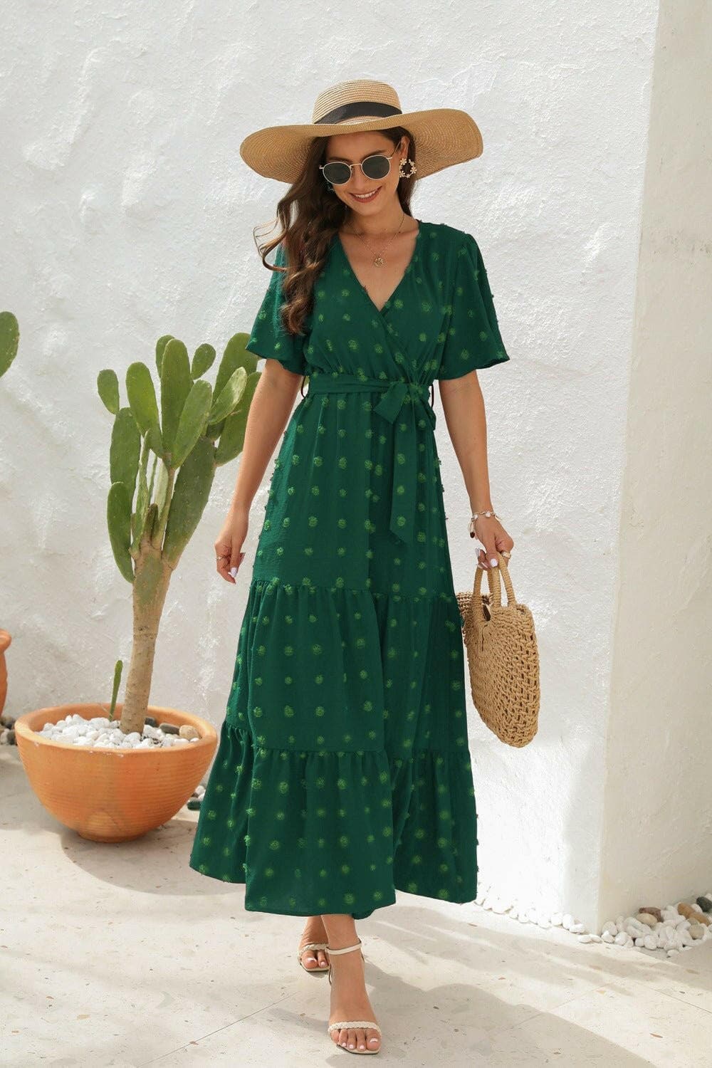 Swiss Dot Tied Surplice Dress