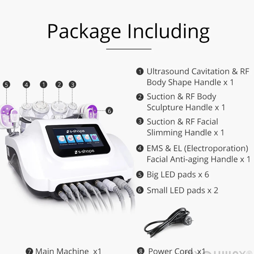 6-in-1 S-Shape Cavitation Machine - Fat Reduction, Cellulite Treatment, Skin Tightening, Vacuum, Infrared Light Therapy, and Mechanical Massage