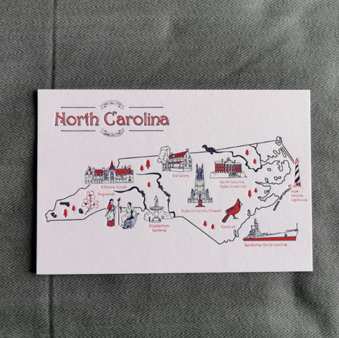 Letterpress Drawing Map Postcards NC Yinterpress