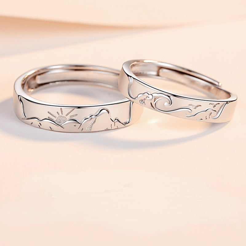 Engravable Ocean Mountain Wedding Rings for Couples