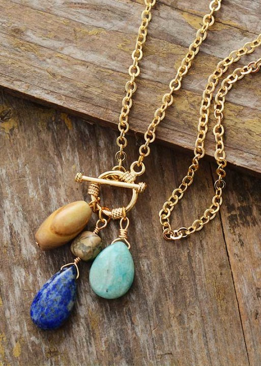 Gold Boho Necklace - Amazonite and Lapis Pendant