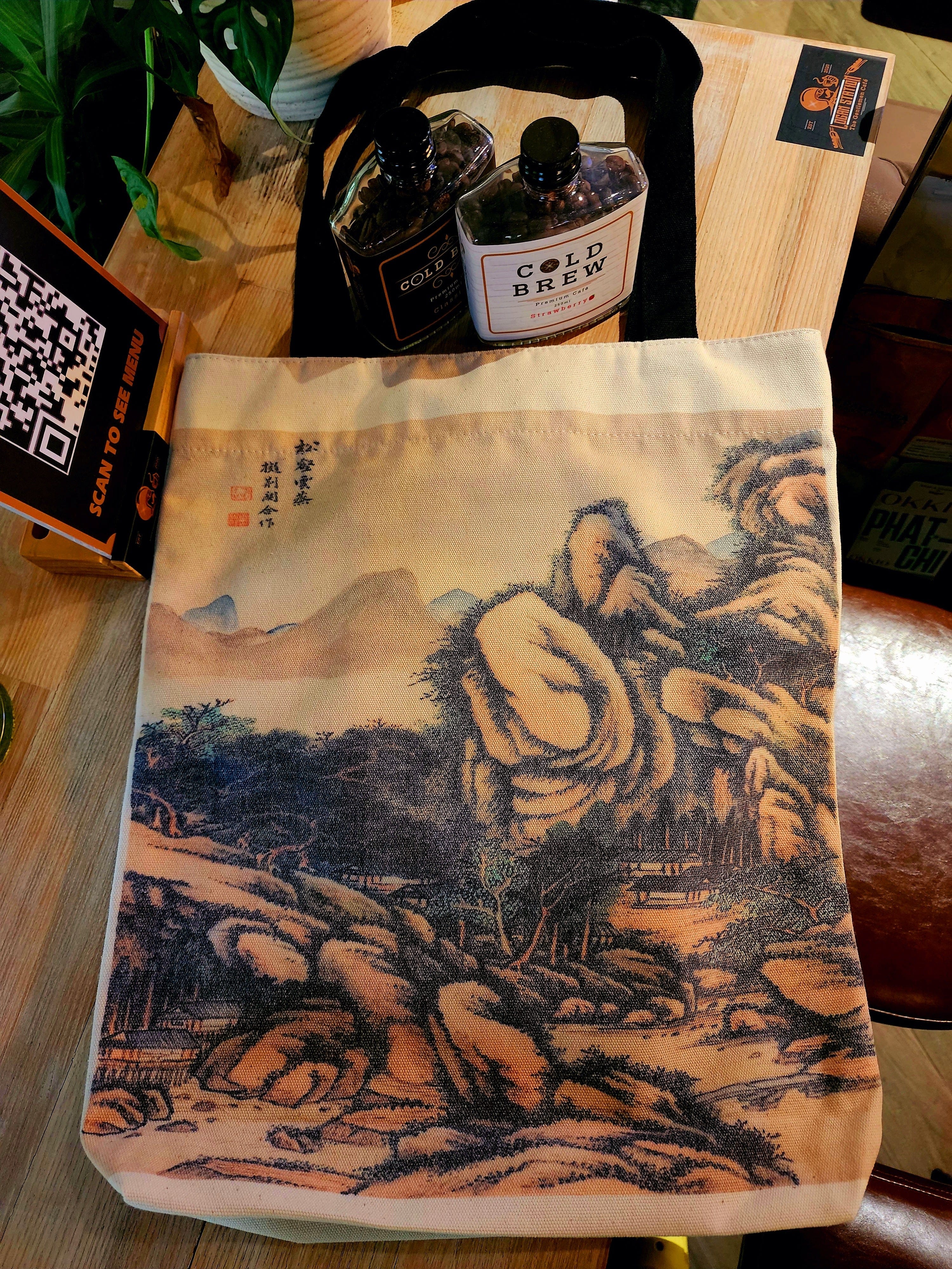 Ancient China mountainous landscape tote bag