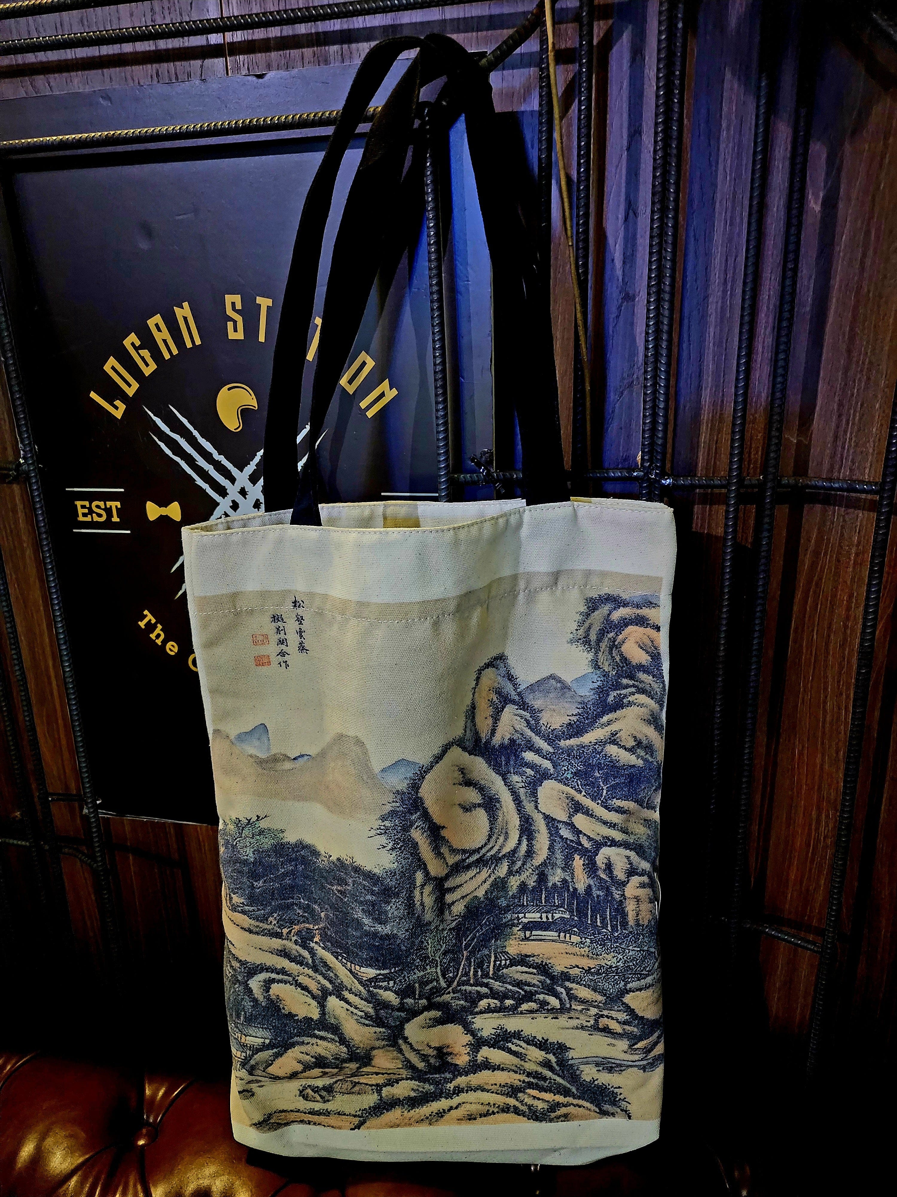 Ancient China mountainous landscape tote bag