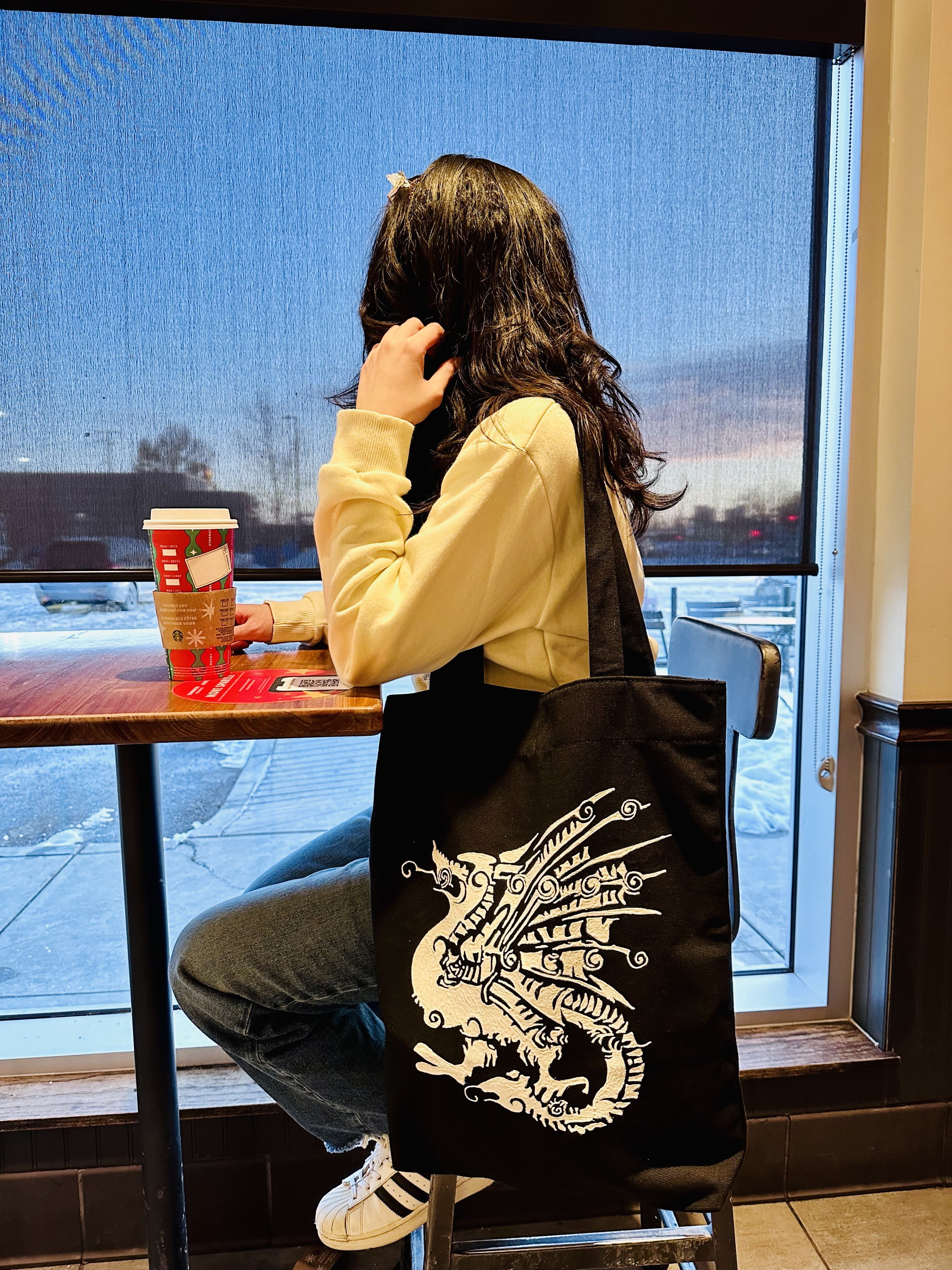 Kingdom of Dragon black tote bag - Handmade Drawing