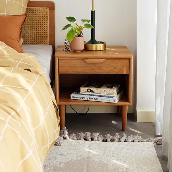 Natural wood nightstand for spring bedroom decorating