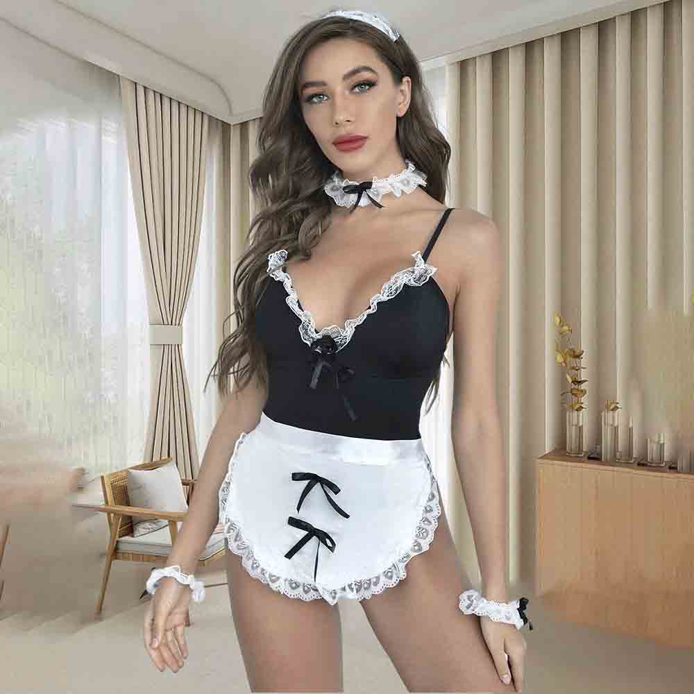 Model Wearing the Naughty Housemaid Cosplay Outfit, Featuring Black and White Lingerie with Bow Details and a Revealing Hollow Crotch for Sexy Role-playing.