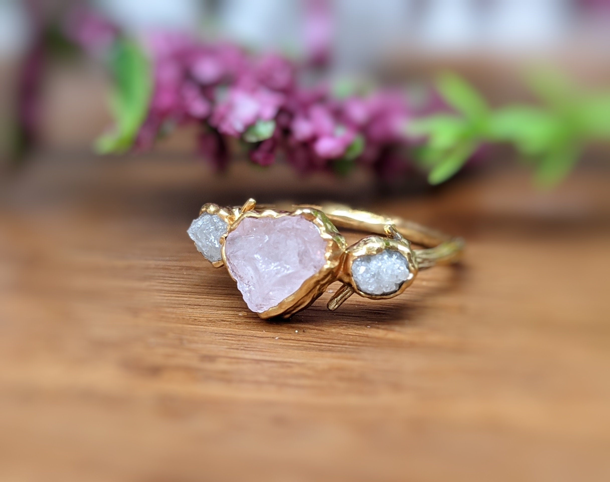 Raw Pink Morganite and diamond ring