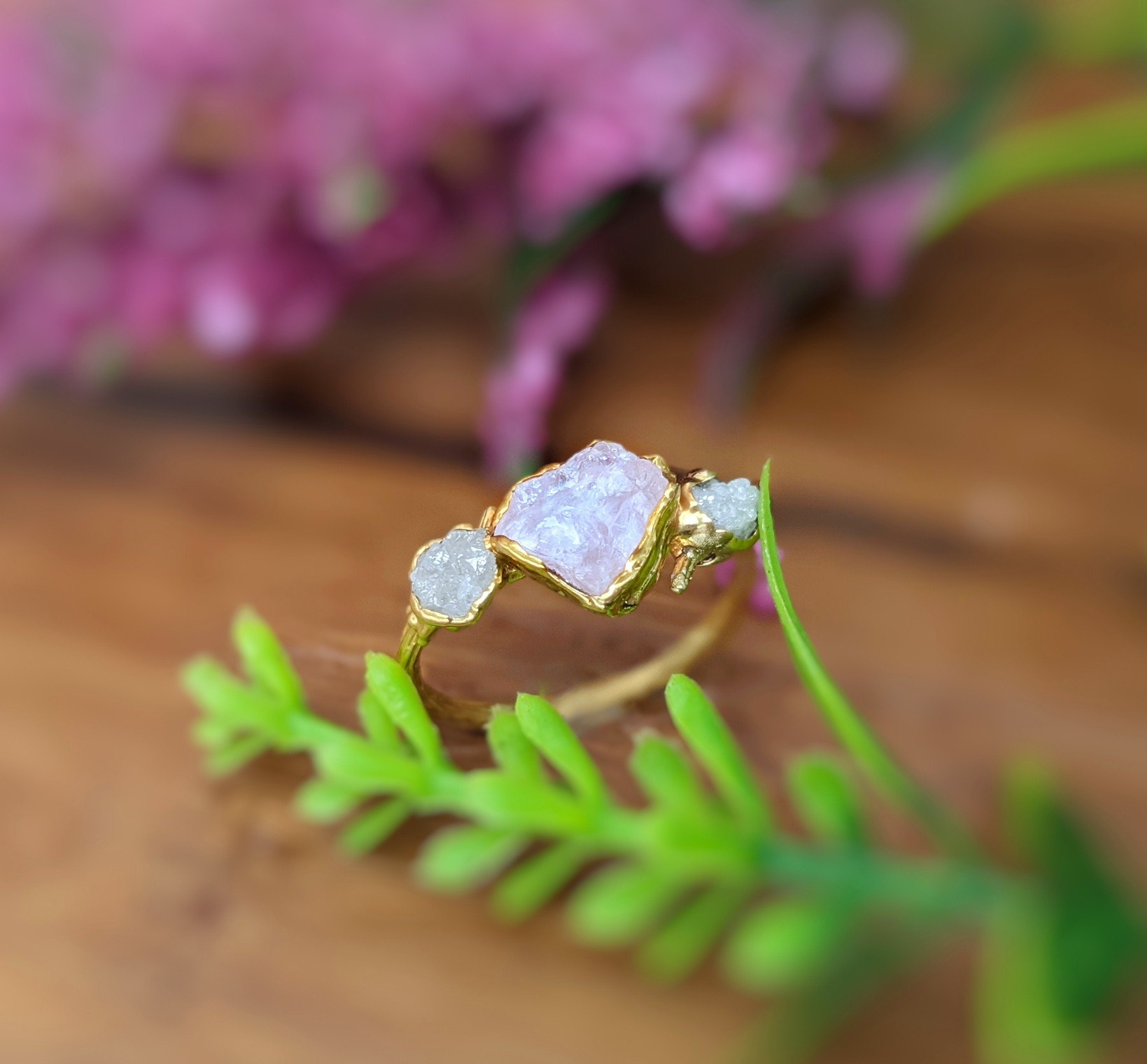 Raw Pink Morganite and diamond ring