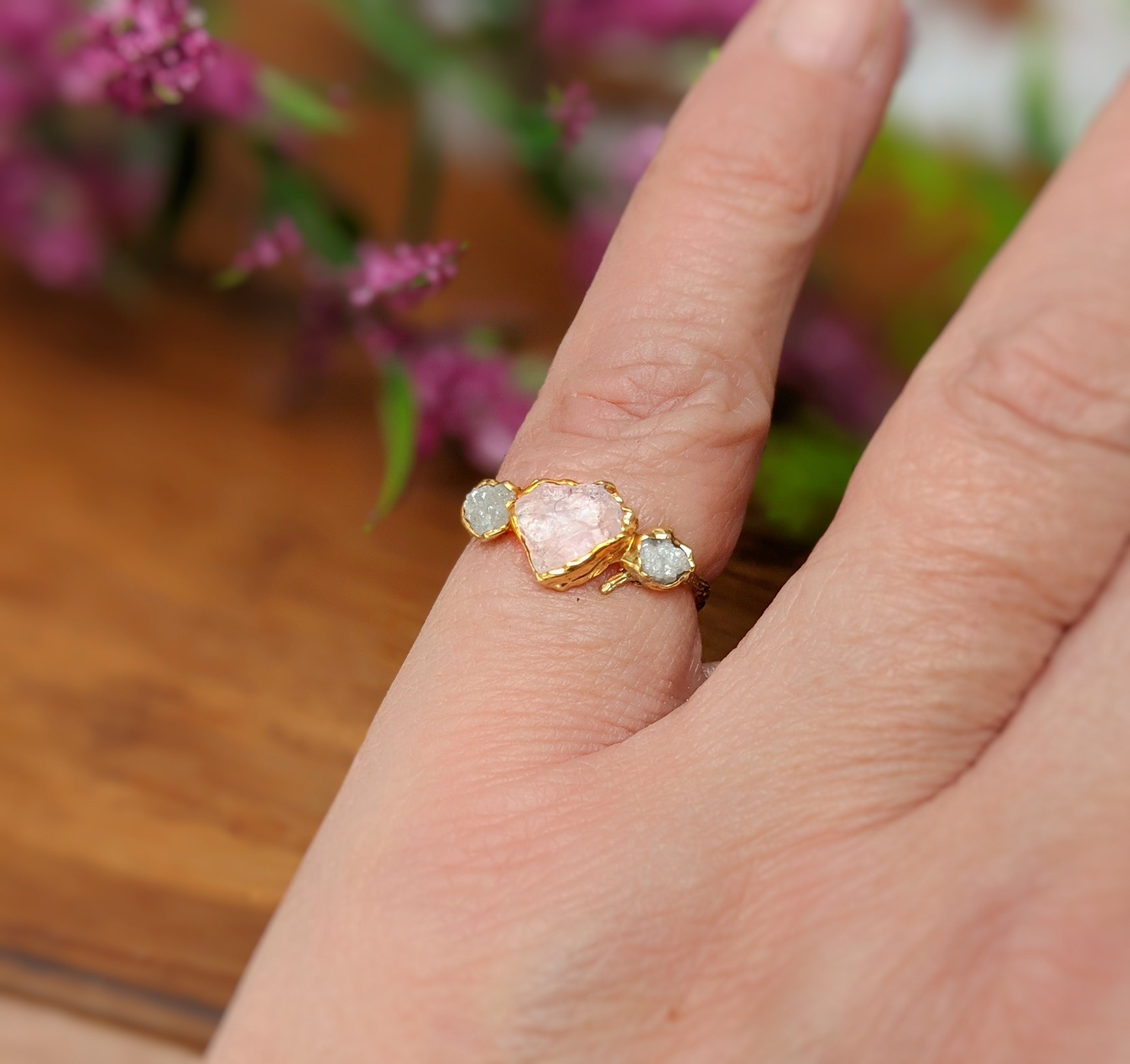 Raw Pink Morganite and diamond ring