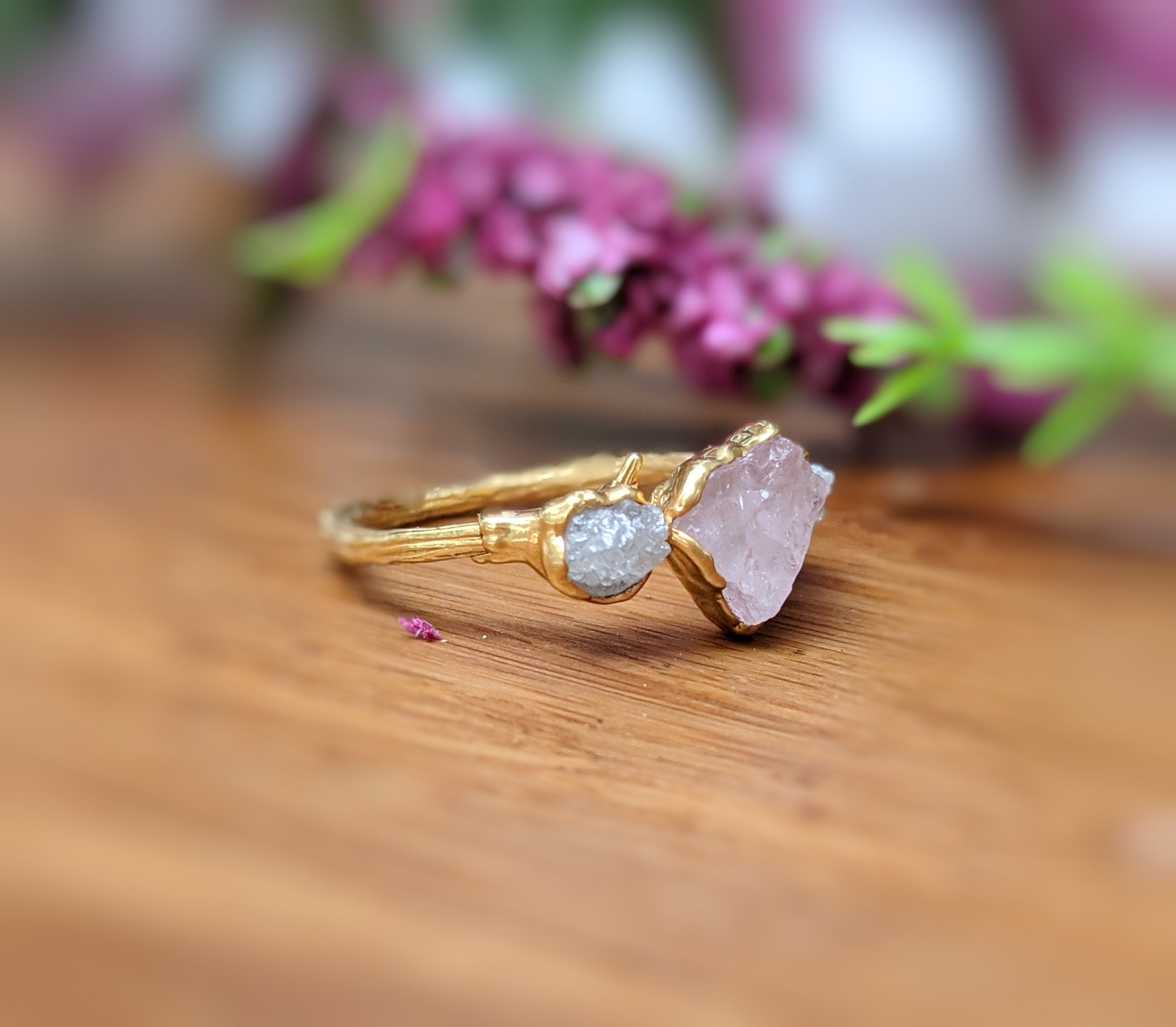 Raw Pink Morganite and diamond ring