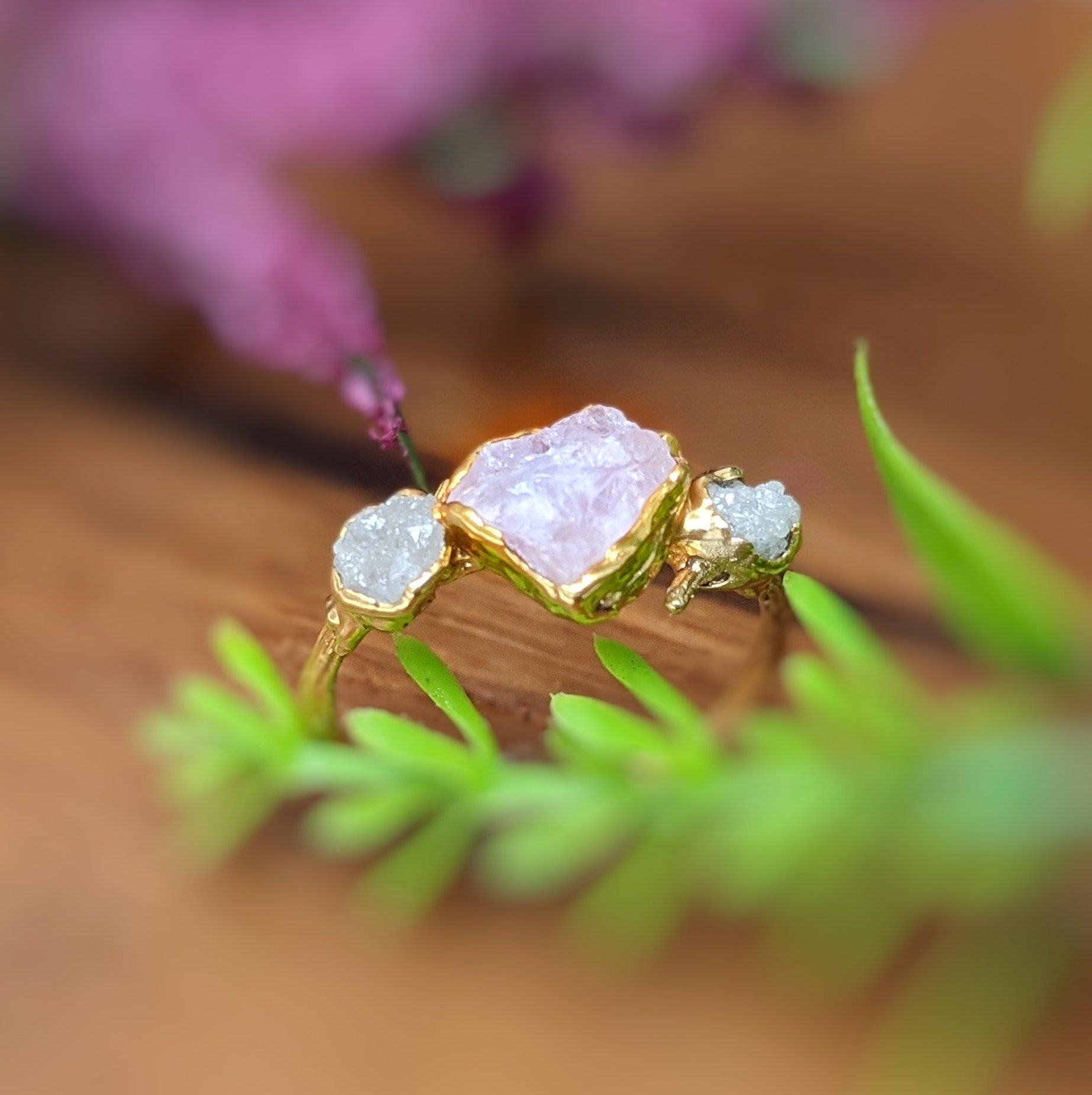 Raw Pink Morganite and diamond ring