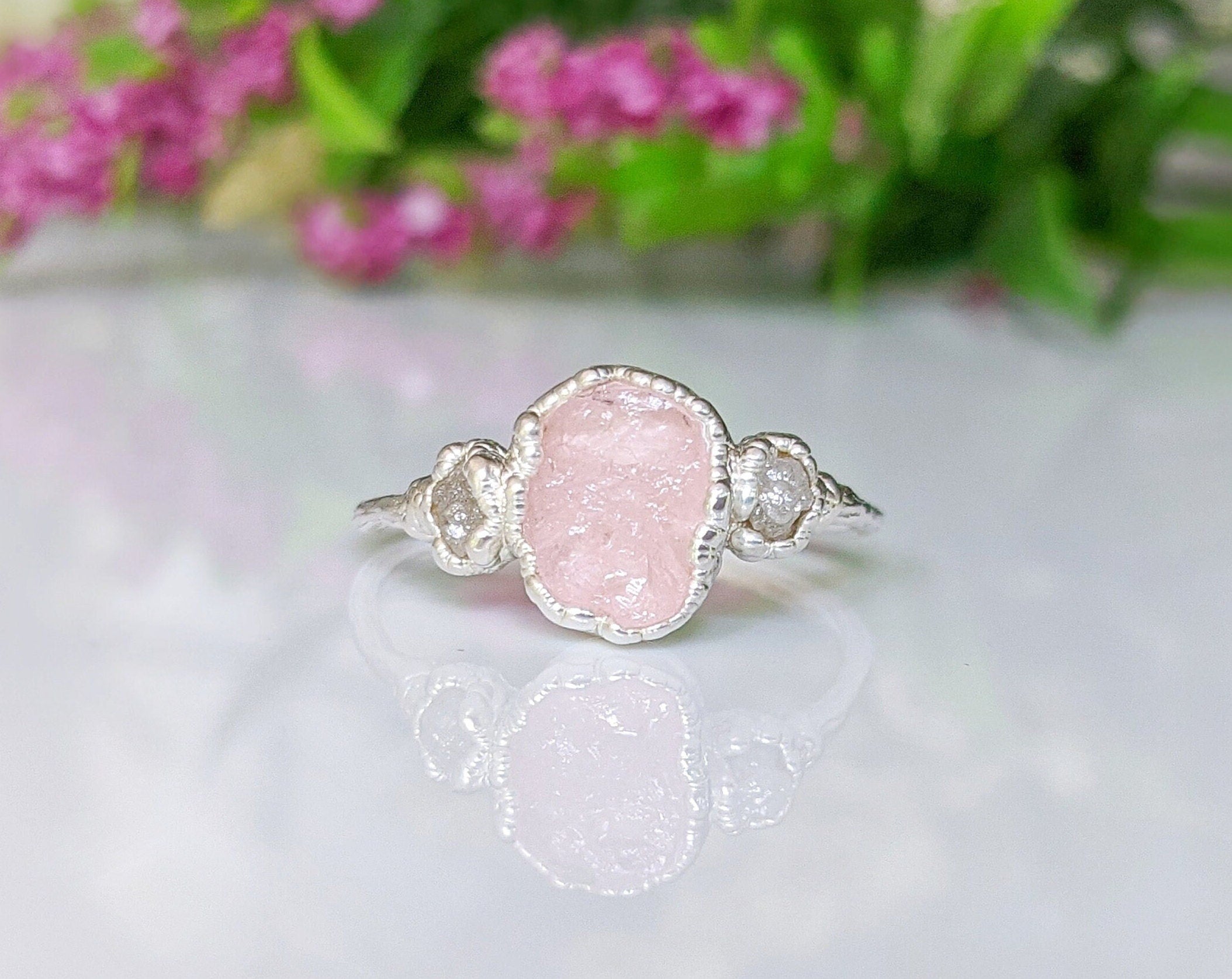 Raw Morganite and diamond ring in Silver