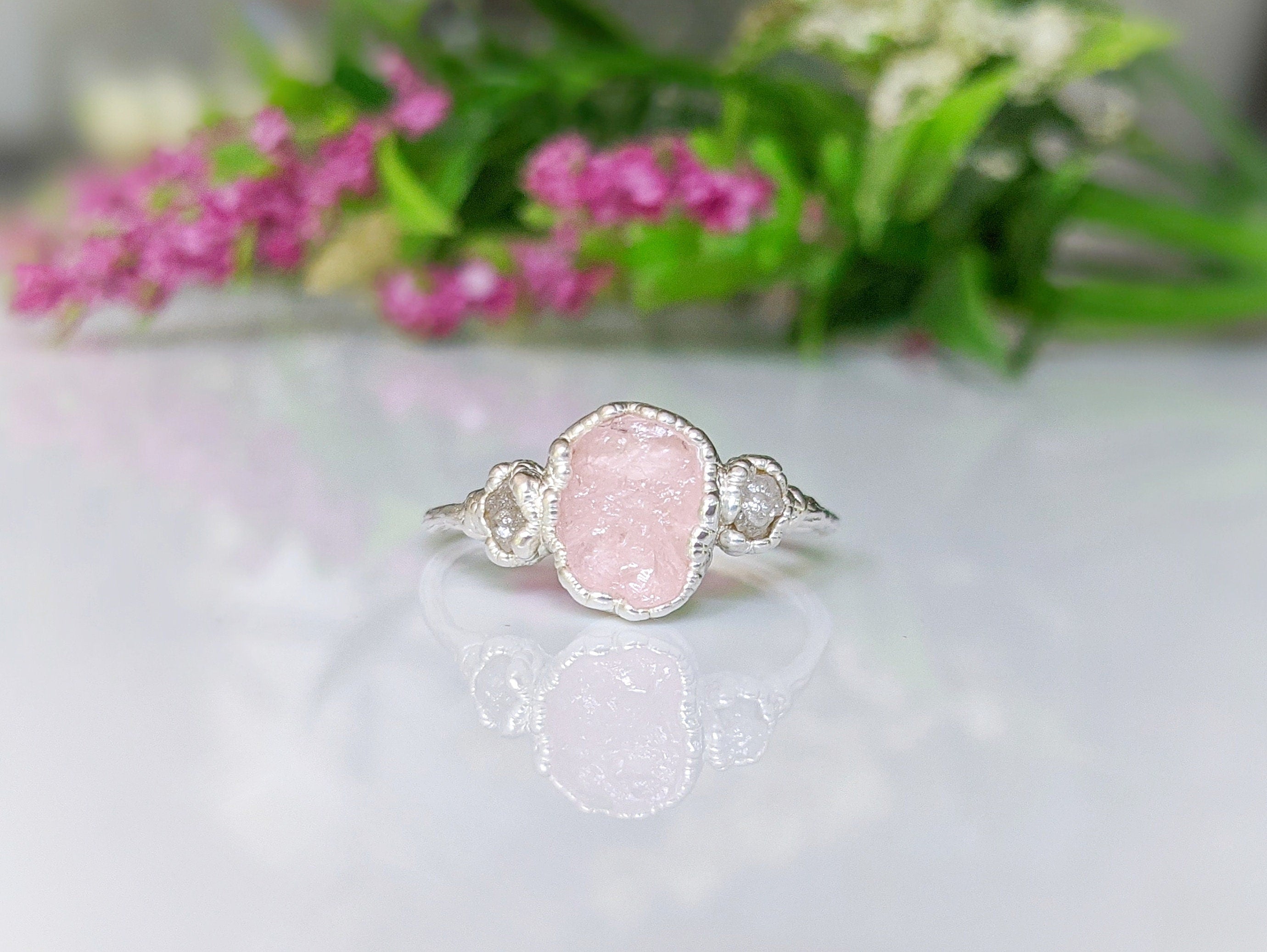 Raw Morganite and diamond ring in Silver