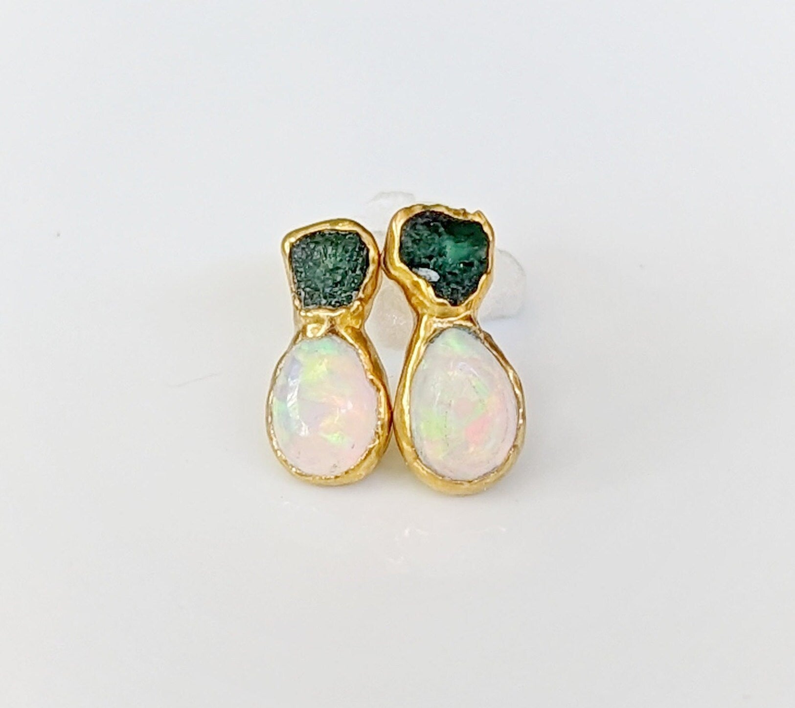 Raw Emerald and Opal stud earrings