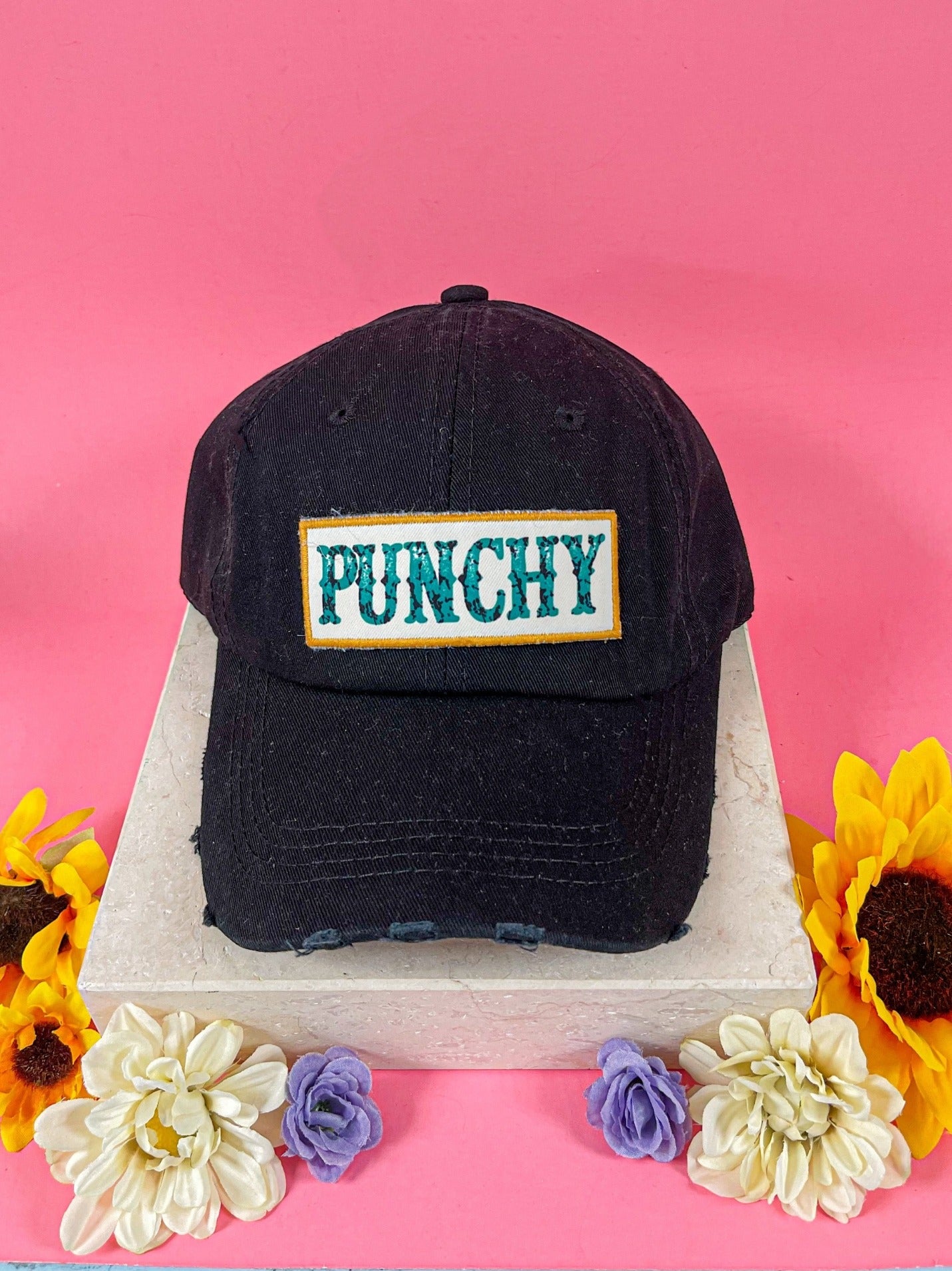 Punchy Patch On Black Distressed Hat