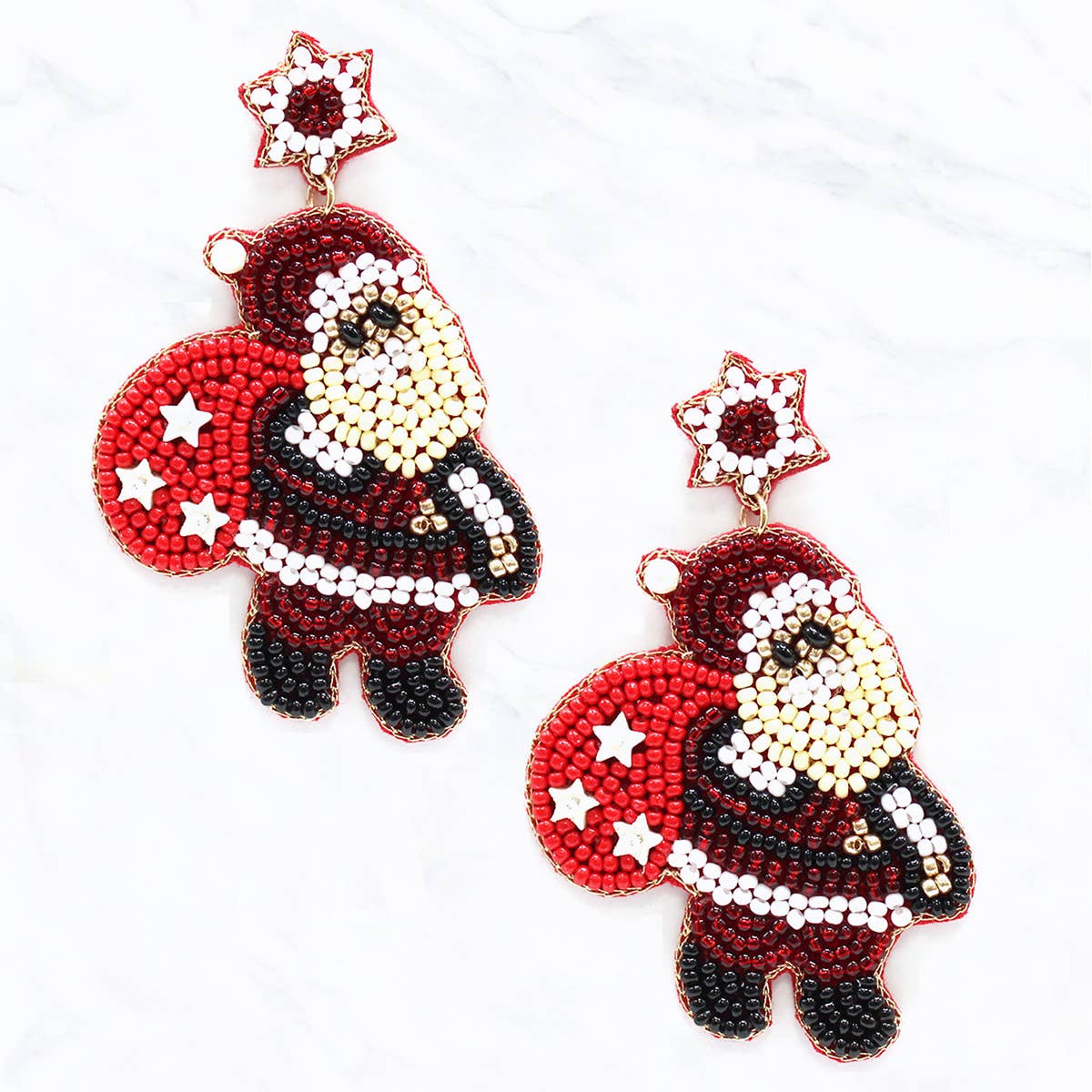 Beaded Christmas Santa Claus, Fabric Post Dangle Earrings