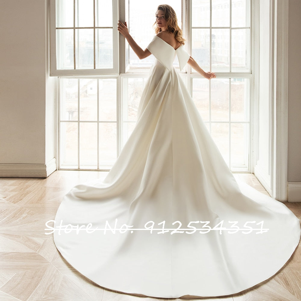 Vestidos De Novia A-Line Wedding Dress Off the Shoulder Simple Robe De Mariage Boat Neck Satin Trouwjurk Bride Dresses Gelinlik