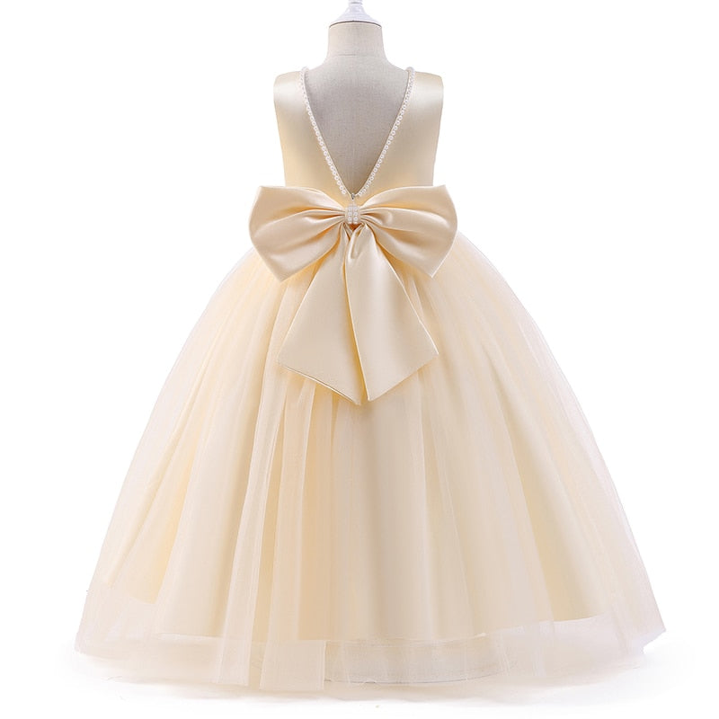 Elegant Girls Big Bow Dress Teen Girl White Ceremony Long Robe Clothing Kids Bridesmaid Wedding