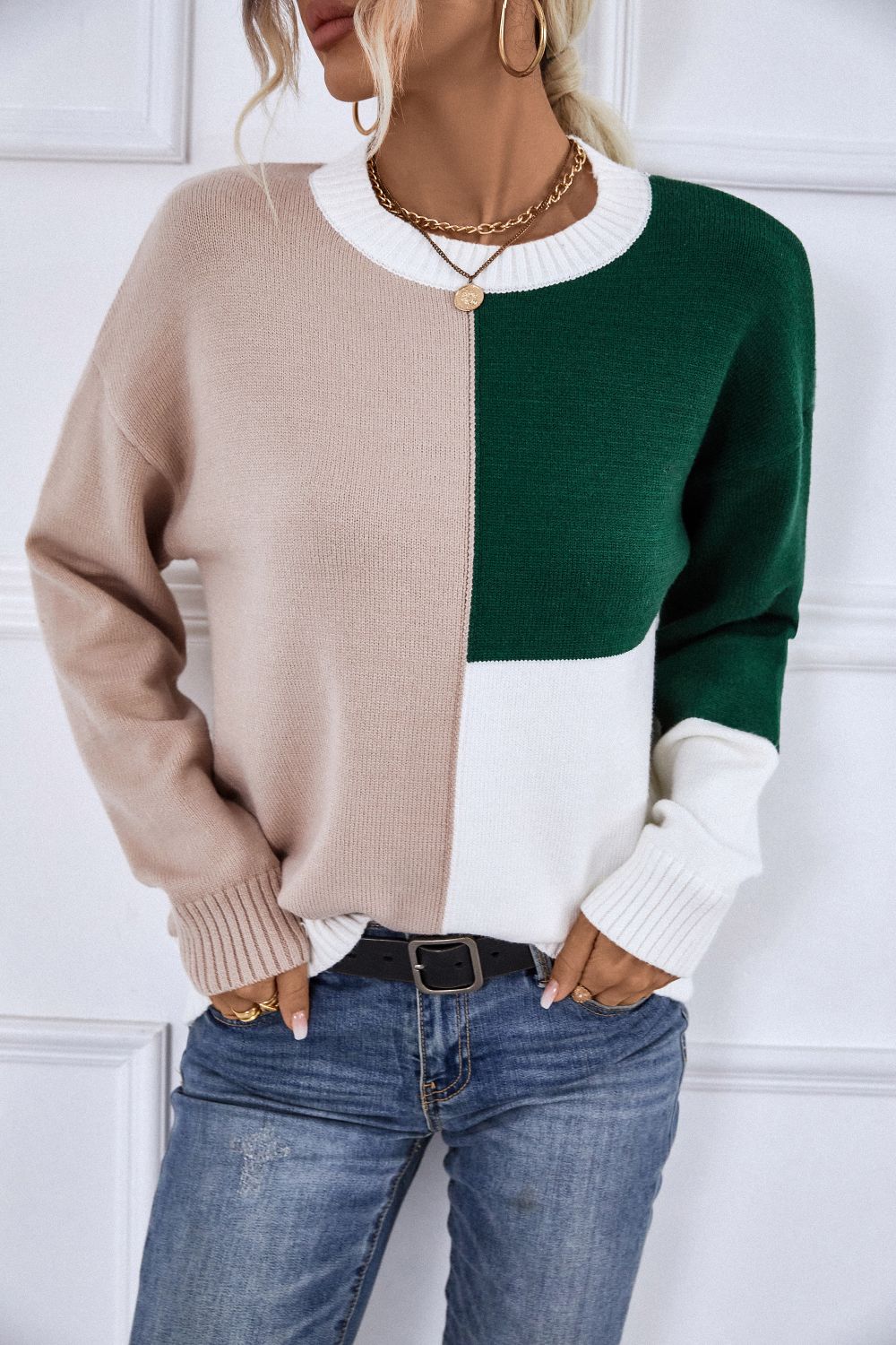 Contrast Ribbed Trim Round Neck Sweater