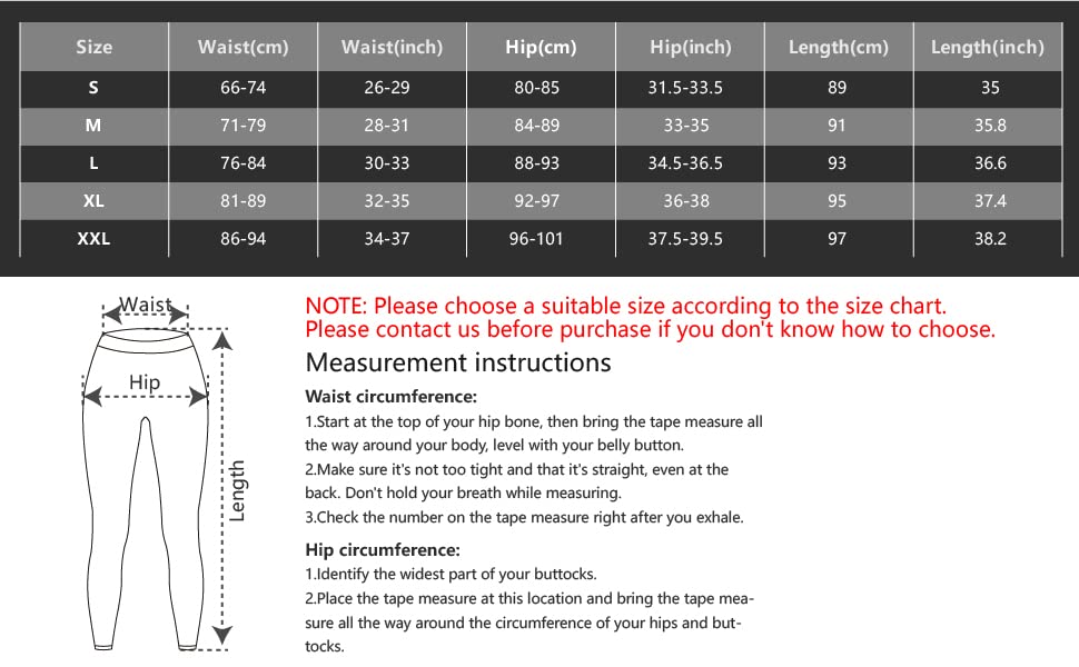 Size chart for men's full-length sports tights